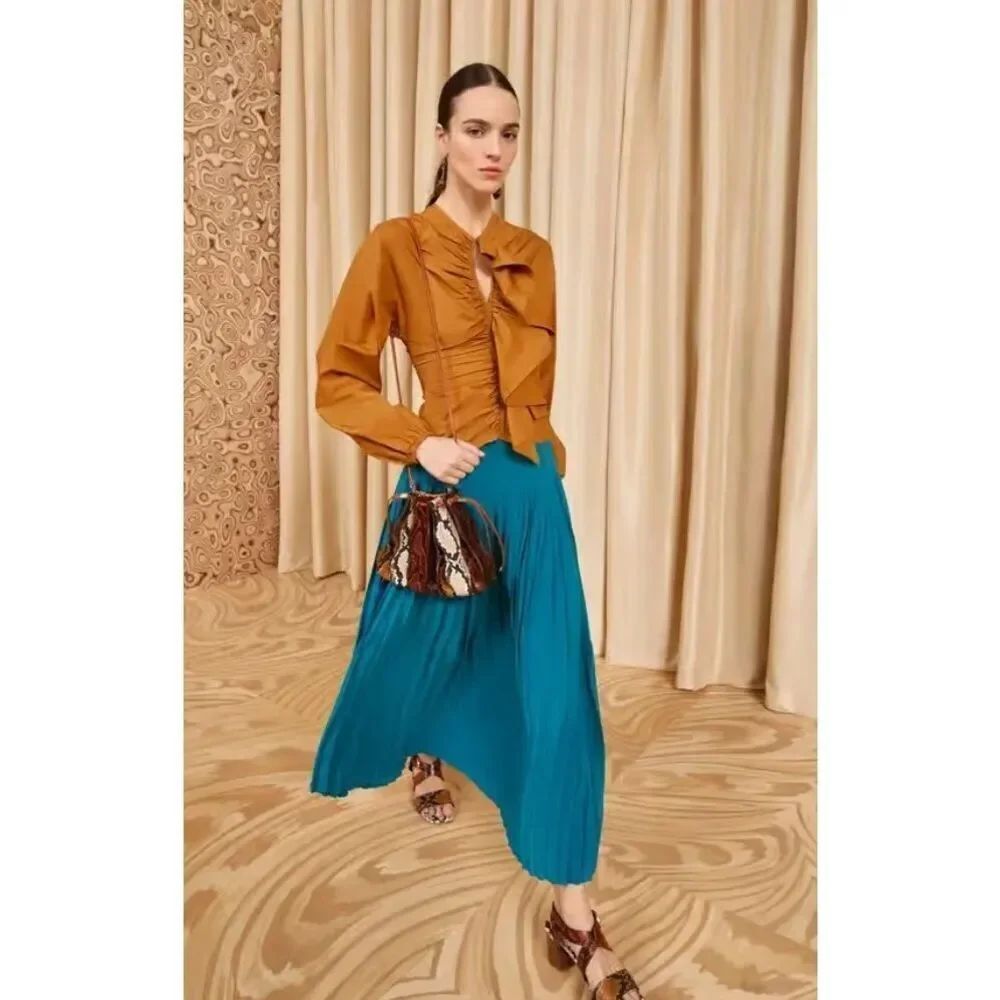ULLA JOHNSON 100% Silk Ella Pleated Skirt in Jade NWT Size 2